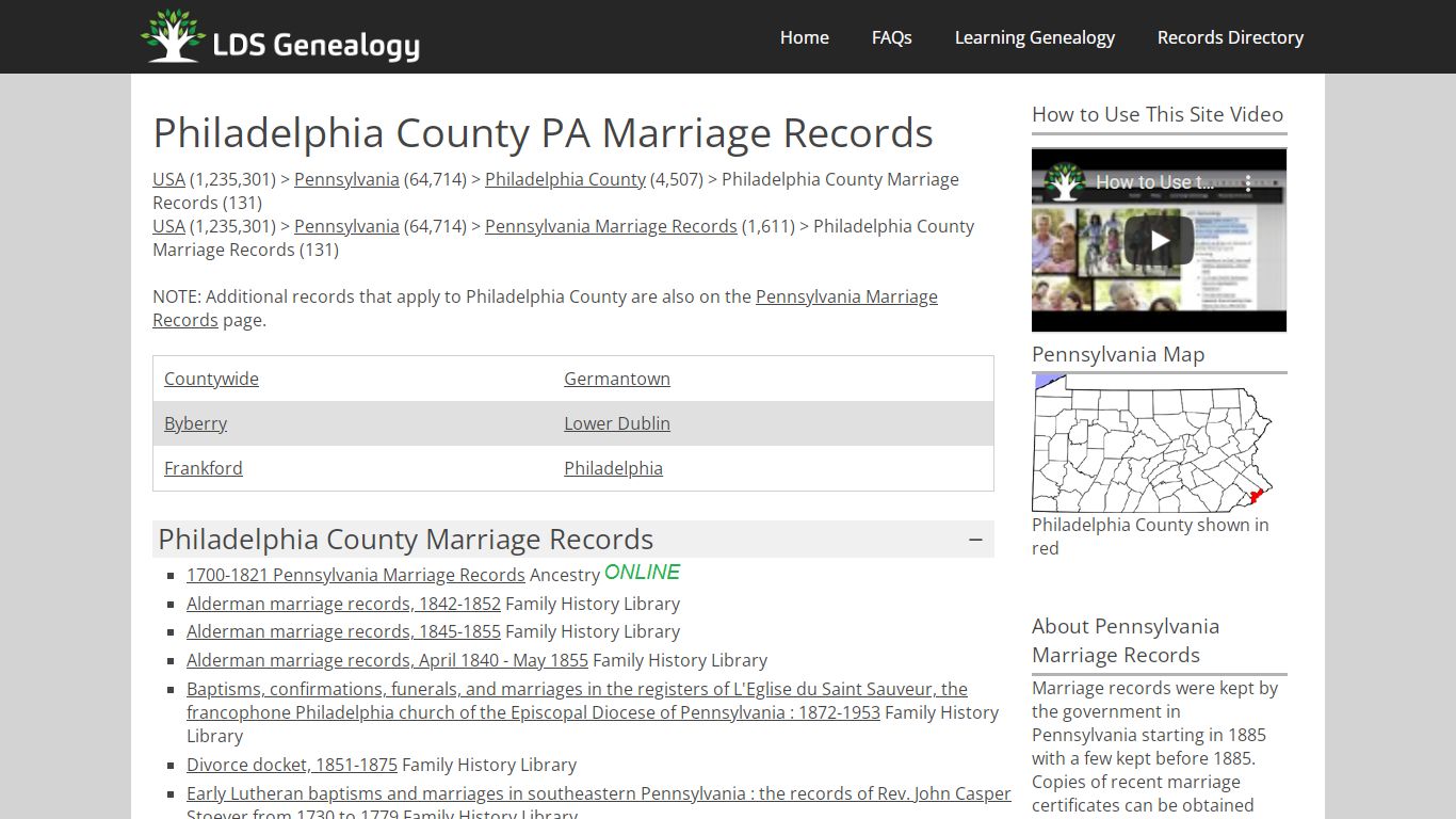 Philadelphia County PA Marriage Records - LDS Genealogy