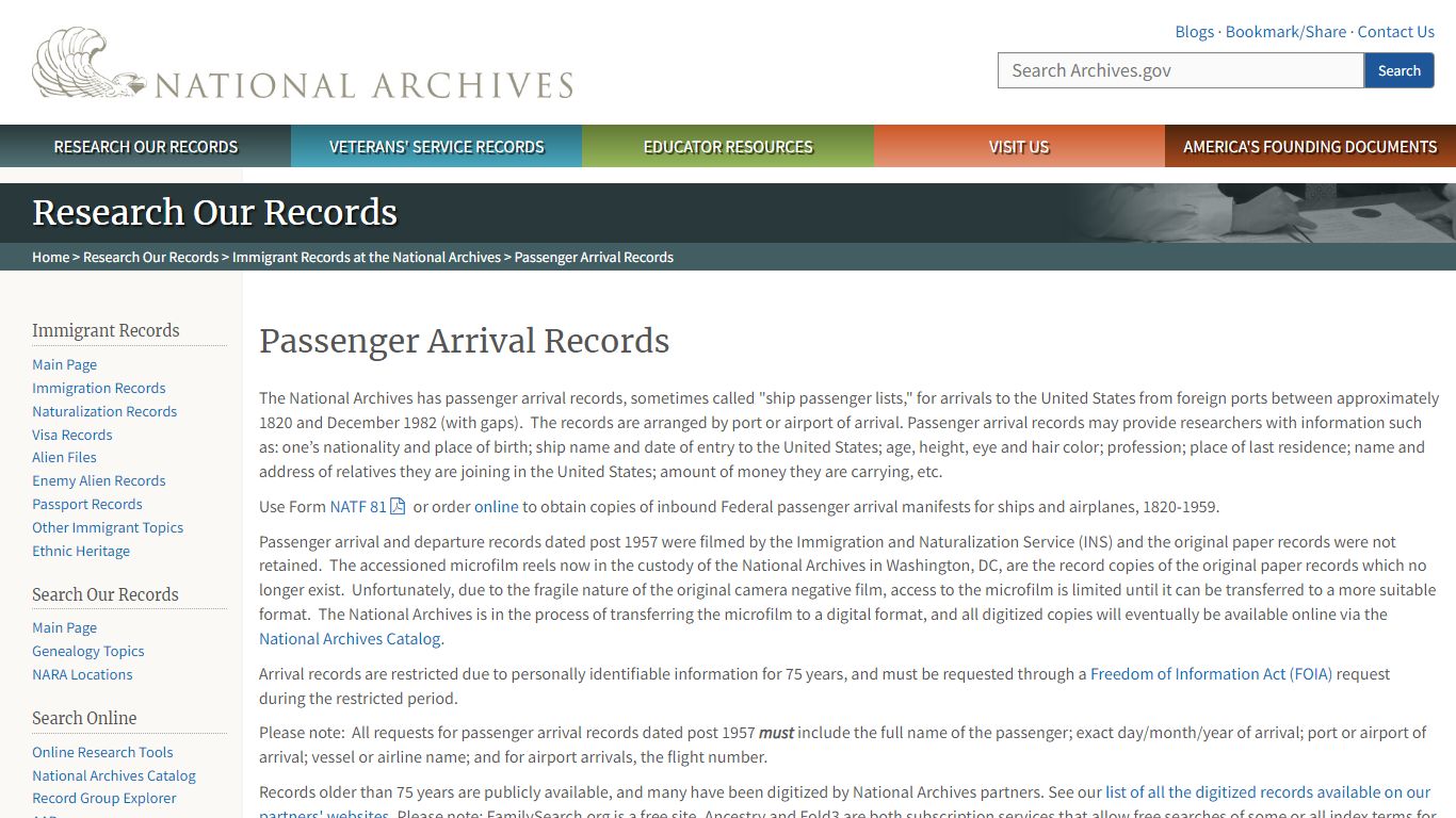 Passenger Arrival Records | National Archives